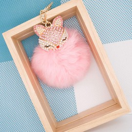 HOYUNLA Rabbit Fur Ball Pom Pom Keychain with Fox Head Studded with Synthetic Pearl Rhinestone for Womens Bag Car Key Chain Charm Pendant Decoration (pink)