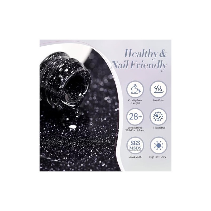 Born Pretty UV Nagellack Glitzer Schwarz Reflektierendes Gel Nagellack UV