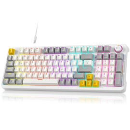 AK96 Smart Mechanical Keyboard Gaming, 96 Keys Full Size with LED Colorful Backlit, Clicky Creamy Sounding, USB Wired Computer Keyboard with Volume Knob for PC, Mac, Windows (White)