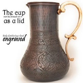 DEDE Copper - KBS Series - 45oz Pitcher & 7.7oz Cup, Handmade Engraved and Hammered Pure Solid Copper, Moscow Mule Cocktail Jug, Desktop/Bedside Night Water Carafe&Tumbler Ayurvedic (Antique)