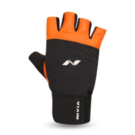 Nivia Leather Gym Glove With Wrist Wrap, Large (Orange)