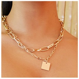 Allereya Geometric Square Layered Necklace Gold Square Pendant Necklace Choker Geometric Necklace Choker Chunky Paperclip Chain Necklace Jewelry for Women and Girls