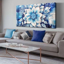 Flower Picture Wall Decor for Bedroom Large Blue Flower Canvas Wall Art for Office Framed Floral Wall Art for Living Room Ready To Hang Size 40 x 20 Inch