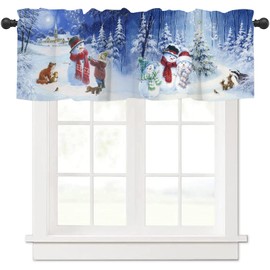 Abaysto Christmas Valance for Windows Christmas Snowman Window Toppers Valances Rod Pocket 1 Panel Xmas Tree Blue Background Window Treatments for Bedroom Kitchen Bathroom 45x137cm