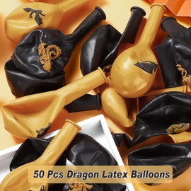 50-Piece Dragon Theme Party Supplies – 12″ Black & Gold Dragon Balloons, Dragon Horn & Tail Picks, Foil & Latex Party Decorations for Fantasy Birthday & Baby Shower
