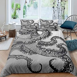 Octopus Bedding Set Ocean Kraken Duvet Cover for Kids Children Teens Octopus Tentacles Comforter Cover Brushed Sea Marine Bedspread Cover Underwater Animal Quilt Cover 3Pcs Full Size