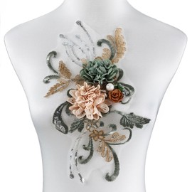 Silvora 3D Embroidered Beaded Pearl Flower Fabric Lace Applique, Handmade Sewing Tool for DIY Wedding Bridal Dress Floral Clothes Patches (DarkGreen)