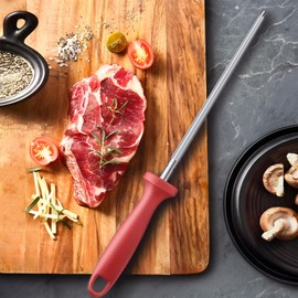 Knife Sharpener Rod, Kitchen Knives Sharpener Carbon Steel Professional Knife Sharpening Steel, Red Diamond Honing Rod with Hanging Holes (13 inches)