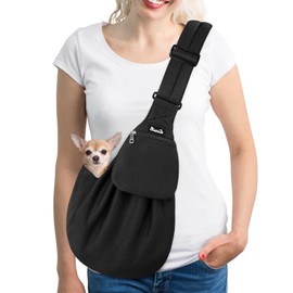 Lukovee Pet Sling, Hand Free Dog Sling Carrier Adjustable Padded Strap Tote Bag, Shoulder Bag with Front Pocket Safety Belt Carrying Small Dog Cat Puppy Machine Washable (Black-WY,S)
