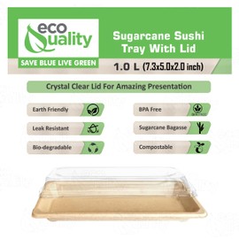 EcoQuality Large Compostable Sushi Trays with Lids - Natural Sugarcane Bagasse Take Out Sushi Container - Biodegradable, Disposable Sushi Plate with Lid, Eco Friendly, To go, Serving Tray (300)