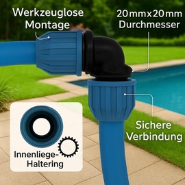 PP Clamp Connector, Angle 90° Clamp x Clamp, PE Pipe Screw Connection Adapter PN16, Drinking Water Certified, DVGW/KIWA/WRAS/SVGW (20 mm)