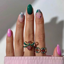 MERVF Oval Press on Nails Medium Green French Tip Fake Nails Glue ons Flower Bow Round Pink Glitter Design Acrylic False Nail Supplies Art DIY Glossy 24pcs