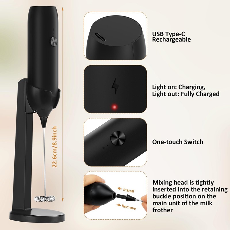 Rechargeable Milk Frother Handheld USB Type-C, Powerful Electric Foam Maker