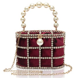 CARIEDO Evening Handbag Women Clutch Purses with Pearl Diamonds for Wedding Prom Birthday Party Dinner Accessories, Maroon, Medium, Classic Diamond Handbag Evening Clutch