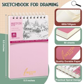 Gilprop 4 Pack 5.5" x 8.5" Sketchbook for Drawing Top Spiral Bound Sketch Pad with Pencil 80 Sheets Spiral Bound Acid Free Paper for Drawing Painting Blank Notebook Beginner Artist(Pink Colors)