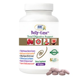 NWC Naturals Belly-Ease Healthy Digestive Enzymes Plus Prebiotics & Probiotics, Essential Enzymes, Vegetarian, Better Digestion, Full Spectrum Digestive Solution - 180 Count Chewable Tablets