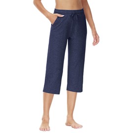 Cakulo Womens Capri Pants Wide Leg Yoga Capris Summer High Waisted Casual Lounge Cropped Pants with Pockets Heather Blue L
