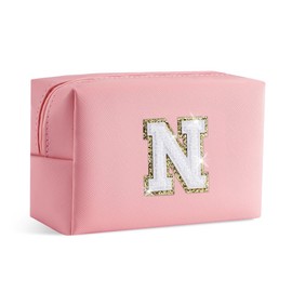 SEFORICO Initial Makeup Bag - Waterproof Leather Make Up Bag Birthday Wedding Mom Daughter Sister Gift Trendy Stuff Cosmetic Bag for Women Teen Girl Gifts (Letter N)