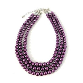 Womens Faux Pearl 3 Layer Multi Strand Gatsby Necklace Statement Bib Bead (Purple)
