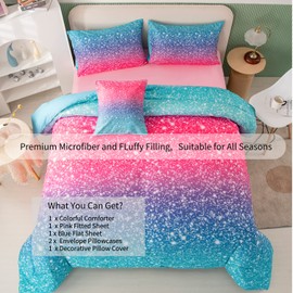 RYNGHIPY 6Pcs 3D Glitter Comforter Bedding Sets for Kids Teens Girls Women, Turquoise Blue Pink Rainbow Quilt Set Queen Size, Ultra Soft Reversible Bed in A Bag