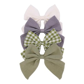 4 PCS Sailor Bow Hair Clips for Kids Girls Women Linen cotton Hair Bow Alligator Clips Baby Toddler Girl Mom Hair Accessories (Green Spring)