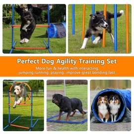 Premium Dog Agility Equipment Set Outdoor Indoor Game, Tire Jump + Hurdle Jump, Tunnel, Weave Poles, Pause Box, 2 Toy Balls, 2 Flying Discs, 1 Whistle, 1 Bag, Backyard Dog Training Obstacle Course Kit
