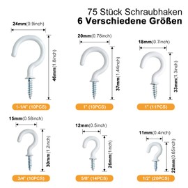 Zhenle Screw Hooks, 75 Pieces Hook Screws Screw Hooks Vinyl Coated Cup Hooks 6 Sizes Screw Hooks Ceiling Hook Set (White)