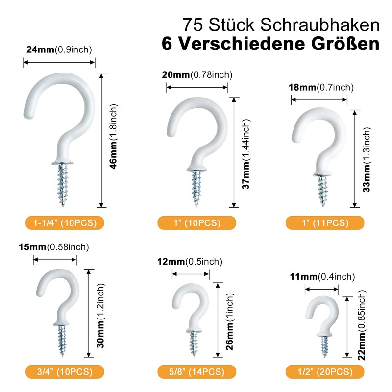 Zhenle Screw Hooks, 75 Pieces Hook Screws Screw Hooks Vinyl