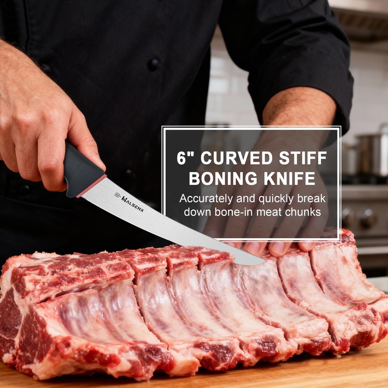 HALSENX Professional 6 Inch Curved Stiff Boning Knife -Non-Slip SoftGrip