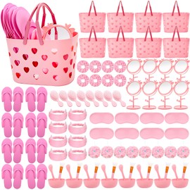 88 Pcs Spa Party Supplies 8 Sets Sleepover Party Favors with Pink Storage Basket Mixing Bowl Set Mirror Headband Scrunchies Hair Brush Loofah Disposable Slipper for Spa Sleepover Birthday (Pink, 8)