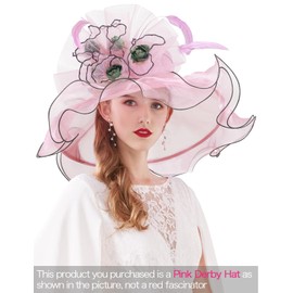 Z&X Women Organza Derby Hat Rose Flower Wedding Tea Party Fascinator Hat Wide Brim Sun Caps Pink