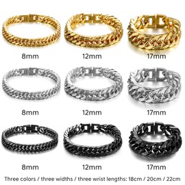 AFSTALR Gold/Silver/Black Bracelet Men's Stainless Steel Bracelets Curb Chain 8/12/17 mm Wide Smooth Cuban Cuban Bangle Men's Bracelets Jewellery Gift for Men Boys 18 cm / 20 cm / 22 cm, Stainless