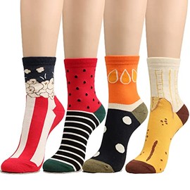 WOWFOOT Women Girls Cute Funny Popcorn Banana Watermelon Design Novelty Crew Socks (Fun - 4pairs)
