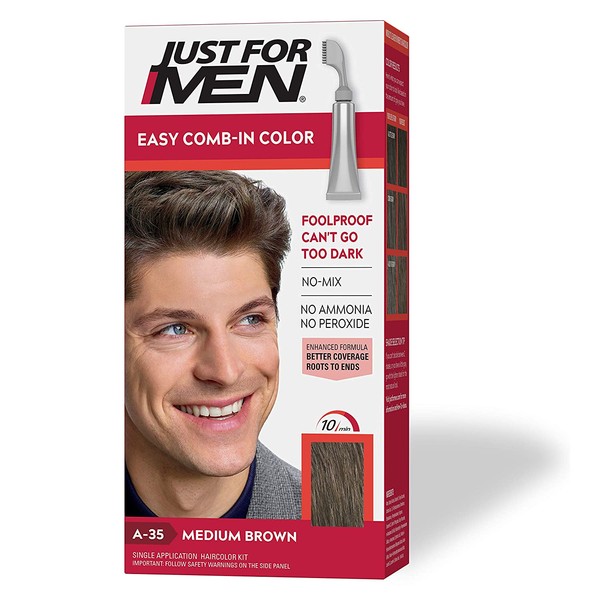 Just For Men Easy Comb-In Color (Formerly Autostop), Gray Hair Coloring for Men with Comb Applicator - Medium Brown, A-35 (Packaging May Vary)
