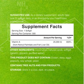 DEAL SUPPLEMENT High Potency Vitamin A 25000 IU, 500 Coconut Oil Softgels | Easily Absorbed, Natural Fish Liver Oil Source – Vitamins for Eye, Immune, & Skin Health – Easy to Swallow, Non-GMO