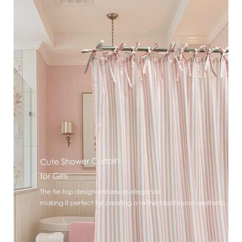 Pink Striped Shower Curtain Hookless Linen Blend Washable for Bathrooms