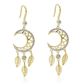 Sterling Silver Moon Earrings Boho Feather Dangle and Drop Earrings Crescent Moon Dreamcatcher Long Earrings for Women, Gold