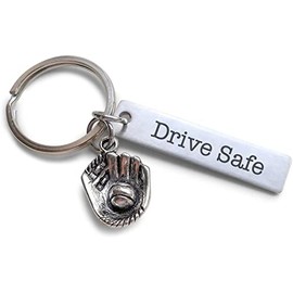 JewelryEveryday Drive Safe Engraved Steel Tag Keychain (With Baseball Mitt Charm)