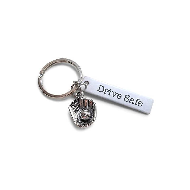 JewelryEveryday Drive Safe Engraved Steel Tag Keychain (With Baseball Mitt