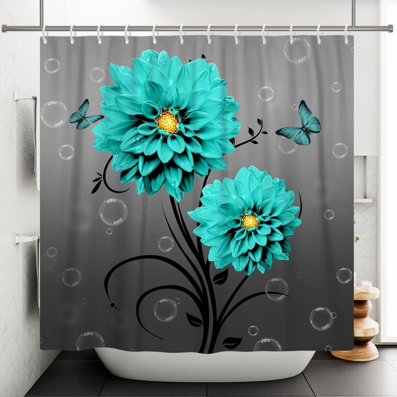 Blue Flower Butterfly Shower Curtain Teal Turquoise Blue Dahlia Bathroom