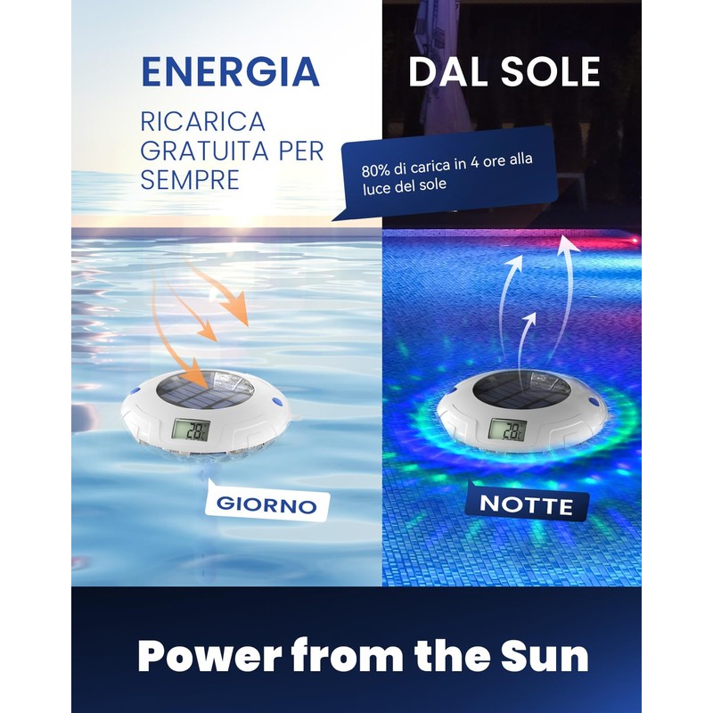 PoolPrime Pool Thermometer Easy to Read, Solar Pool Light with