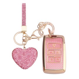 Vicoca for Range Rover key fob cover with Diamond Heart Keychain, Car Accessories TPU for Jaguar XE XJ XF for Sport, Velar, Evoque, Defender, Discovery, Gold Pink