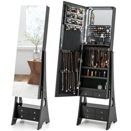 LOKO Freestanding Jewelry Cabinet with LED Light Strip, Lockable Jewelry Armoire w/ 3 Adjustable Angle, Foldable Organizer Storage w/High Full Length Mirror for cloakroom bedroom living room (Black)