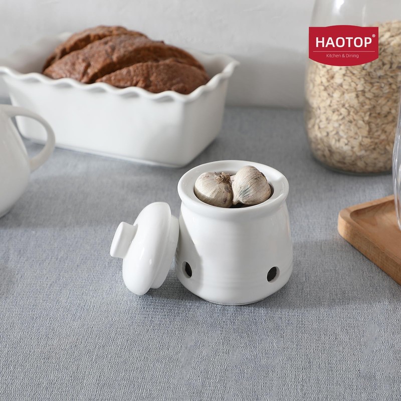 HAOTOP Ceramic Garlic Keeper with Lid, Mini Garlic Saver Container