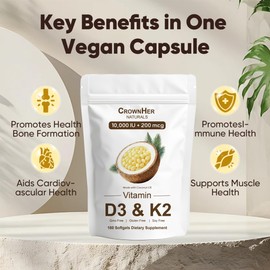 GROHESE Naturals D3 K2, Essentials Vitamin D3 K2, Vitamin D3 K2 10000 IU+ K2 200 mcg MK-7, Coconut Oil, Extra Strength, Bone & Immune Support, 180 Softgels