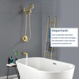 Tub and Shower Faucet Set Complete Dual Shower Head and Handheld 2 in 1 Combo Set Shower System with Tub Spout Tub and Shower Trim Kit Shower Tub Kit Shower Fixtures Brushed Gold