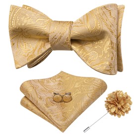Dubulle Mens Paisley Flroal Bow Ties and Lapel Pin Set Self Tie Bowties for Men Pocket Square Cufflinks Wedding Suit,Champagne Gold