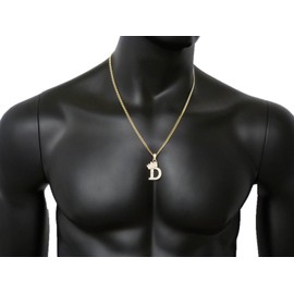 Fashion 21 Unisex Small Size Pave Crown Tilted Initial Alphabet Letter Pendant 3mm 24" Cuban Chain Necklace in Gold, Silver Tone (D - Gold Tone)