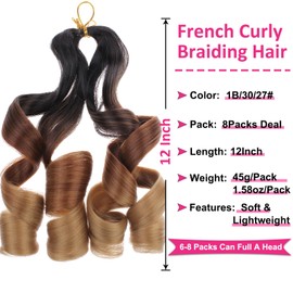 Unionbeauty French Curl Braiding Hair 12 Inch for Boho Box Braids Crochet Hair 8 Packs Pre-curled French Curls Pre Stretched Body Wave Crochet Braids Synthetic Hair Extension for Black Woman 1B/30/27#