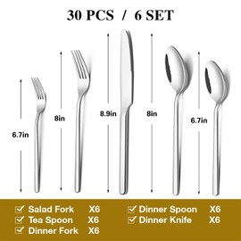 30 Pieces Silverware Set, KINGSTONE Flatware Cutlery Set for 6, 18/10 Stainless Steel Silverware Utensils Minimalist Design Dishwasher Safe